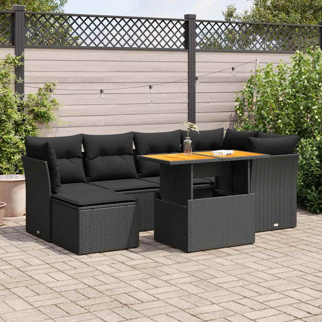 7-delige Loungeset met kussens poly rattan zwart