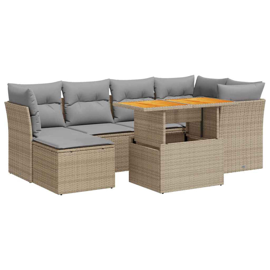 7-delige Loungeset met kussens poly rattan beige