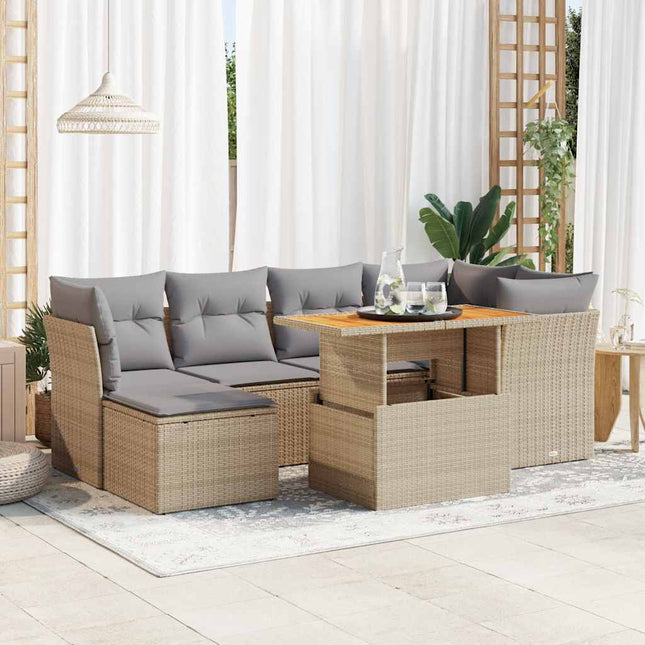 7-delige Loungeset met kussens poly rattan beige