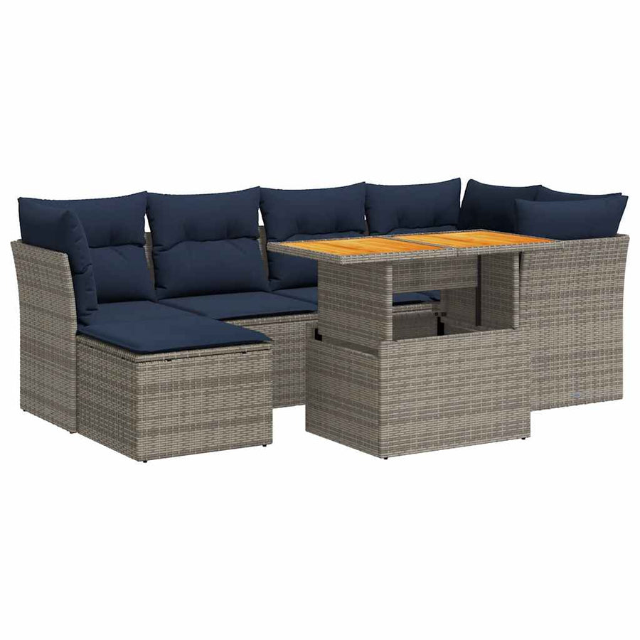 7-delige Loungeset met kussens poly rattan grijs