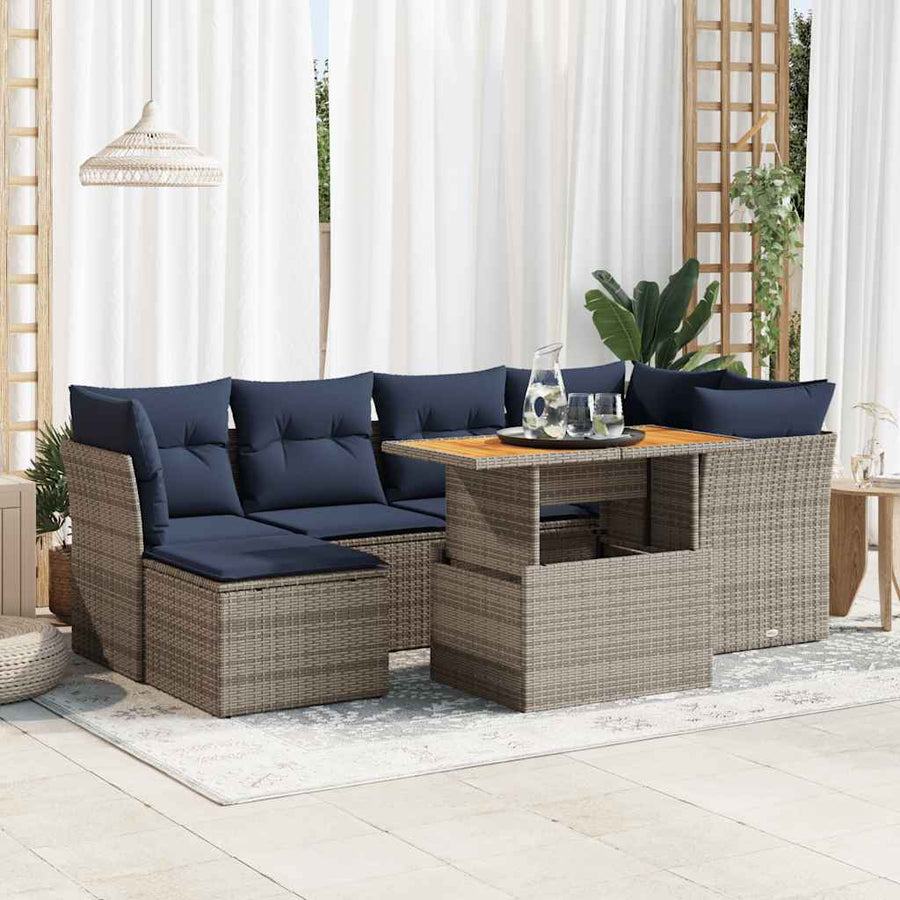 7-delige Loungeset met kussens poly rattan grijs