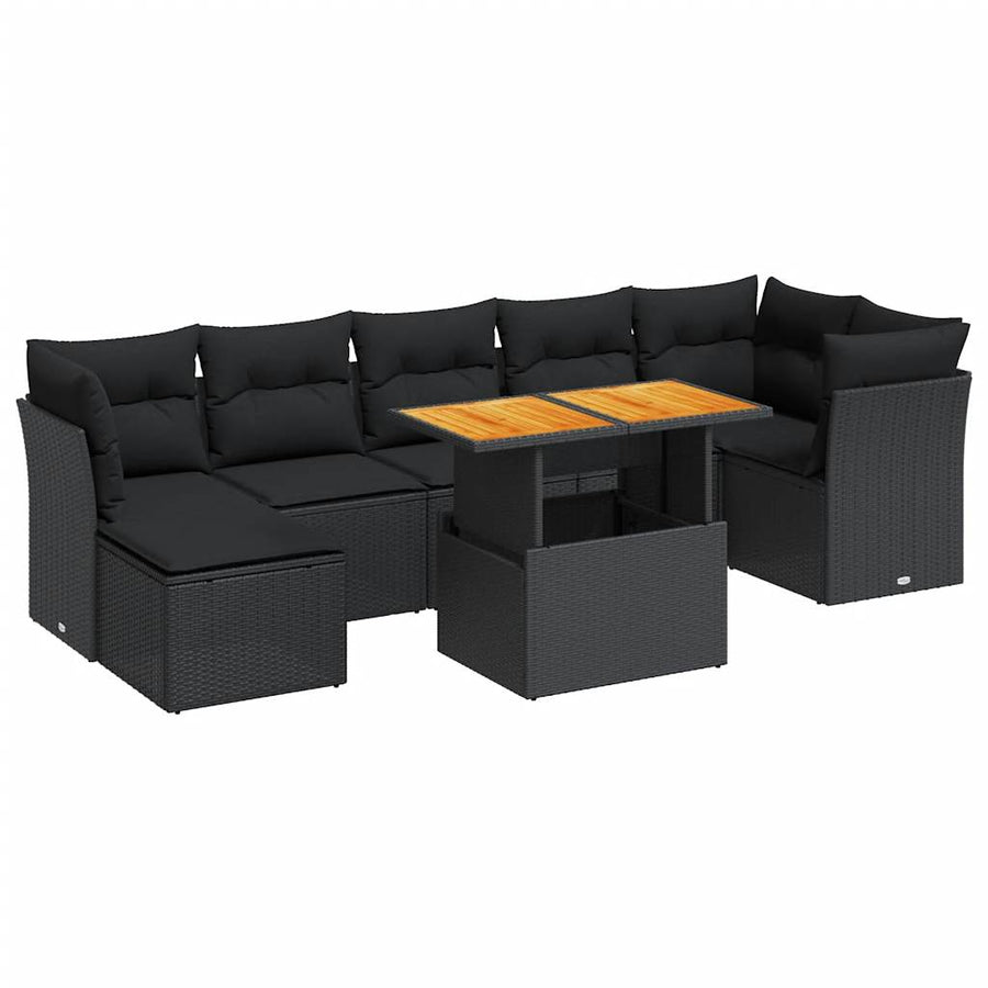 8-delige Loungeset met kussens poly rattan zwart