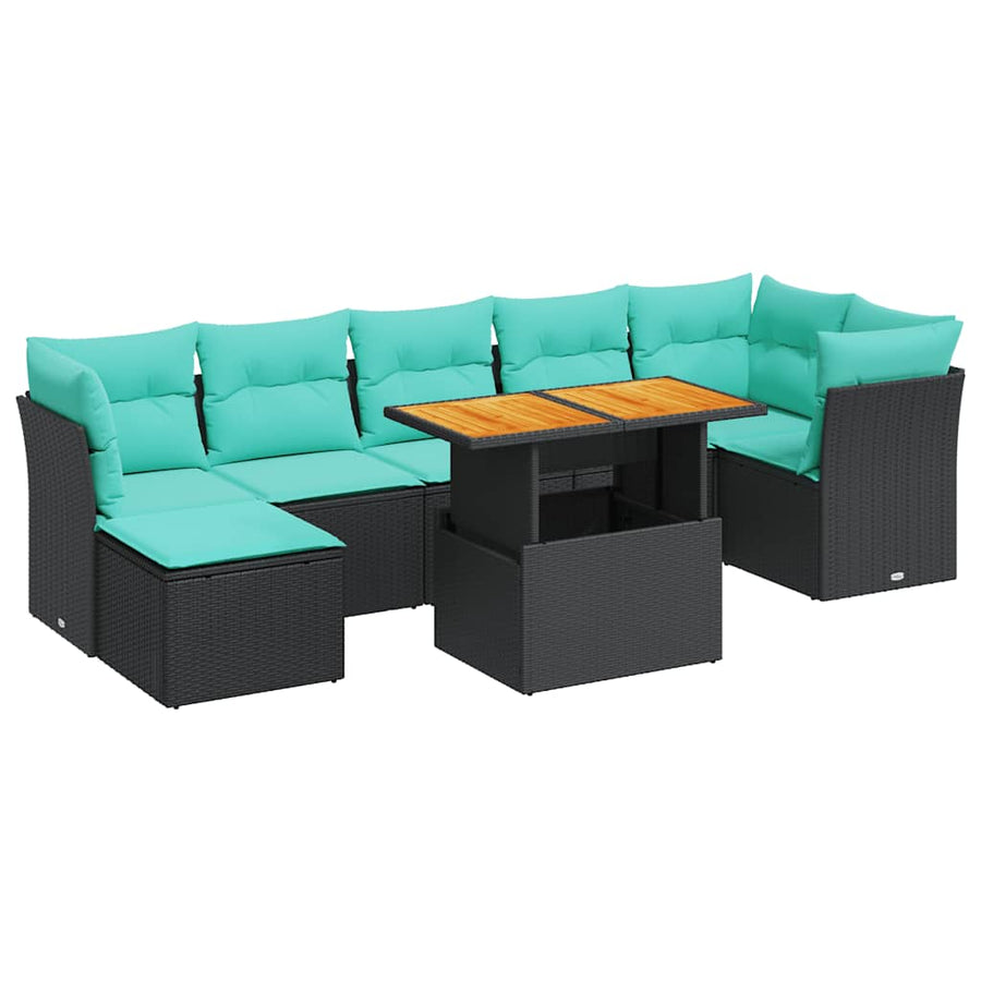 8-delige Loungeset met kussens poly rattan zwart