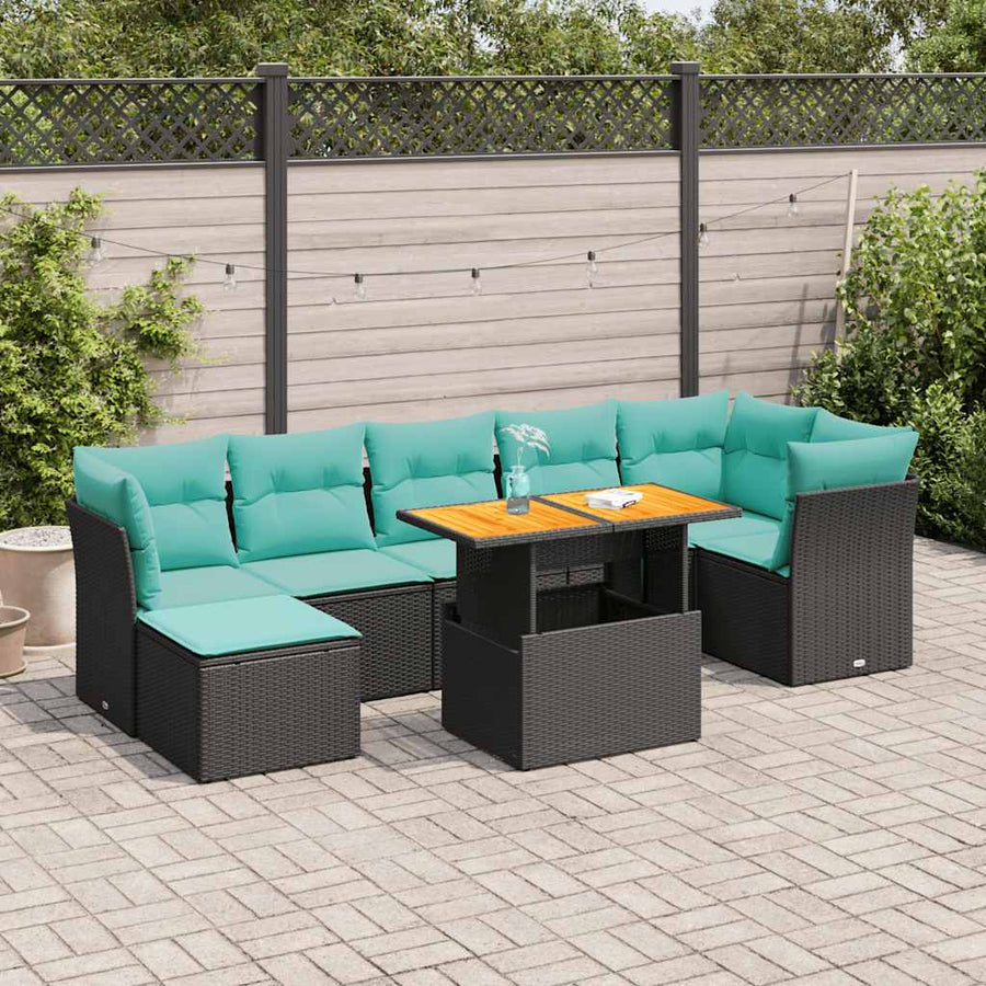 8-delige Loungeset met kussens poly rattan zwart