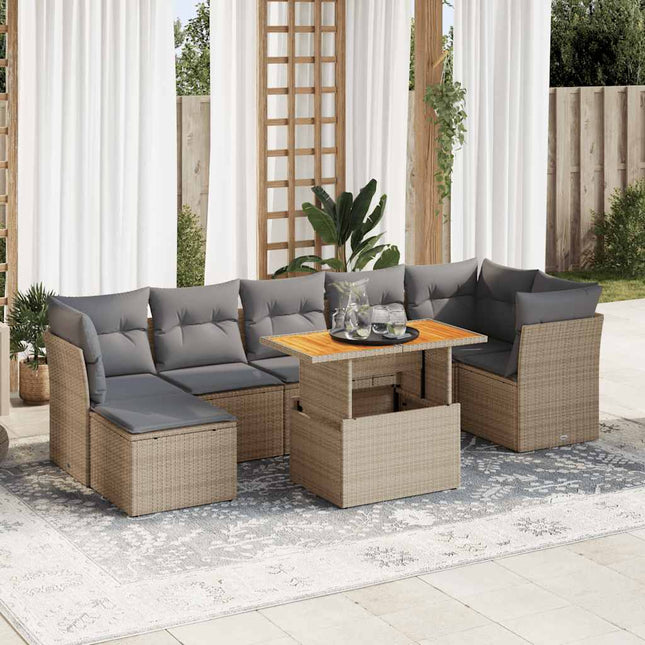 8-delige Loungeset met kussens poly rattan beige