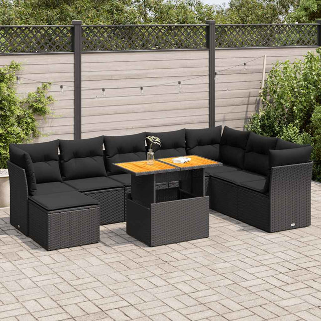 9-delige Loungeset met kussens poly rattan zwart