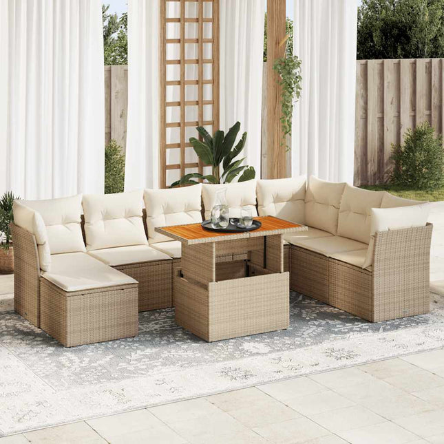 9-delige Loungeset met kussens poly rattan beige