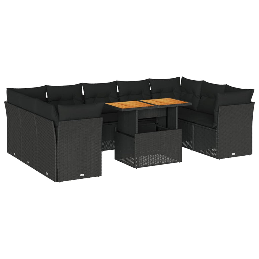 10-delige Loungeset met kussens poly rattan zwart