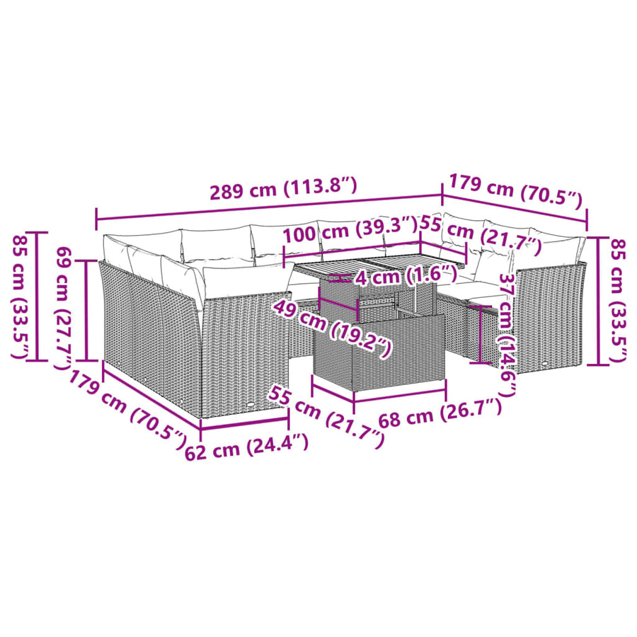 10-delige Loungeset met kussens poly rattan zwart