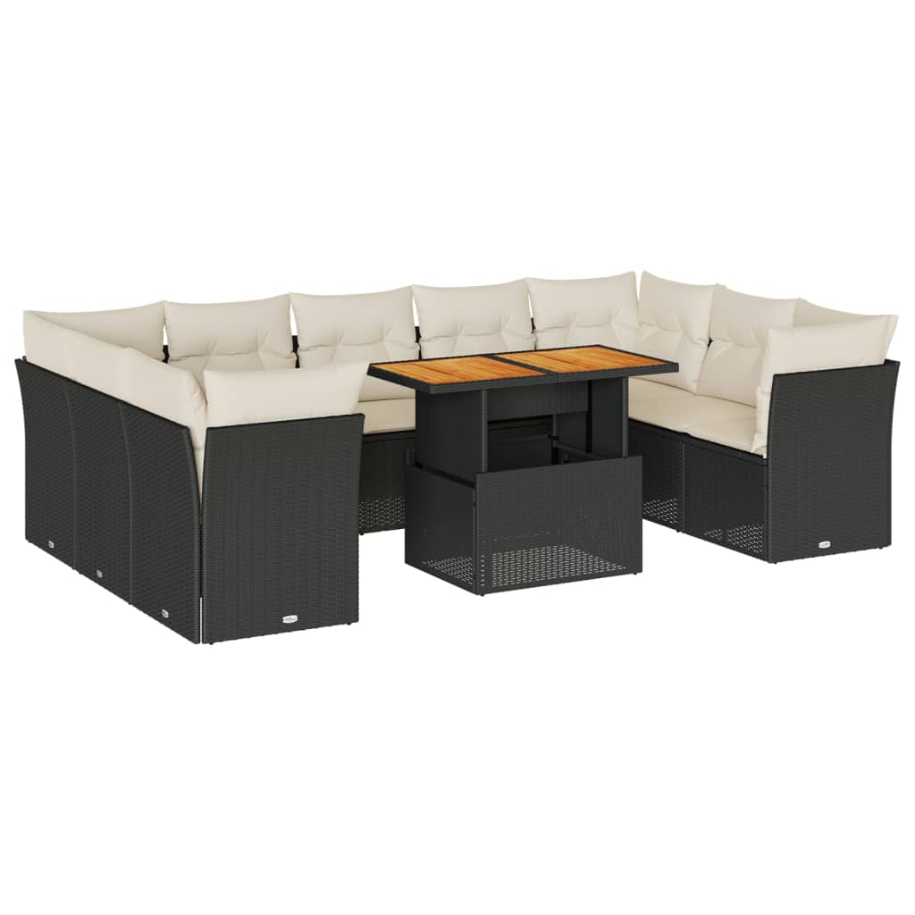 10-delige Loungeset met kussens poly rattan zwart