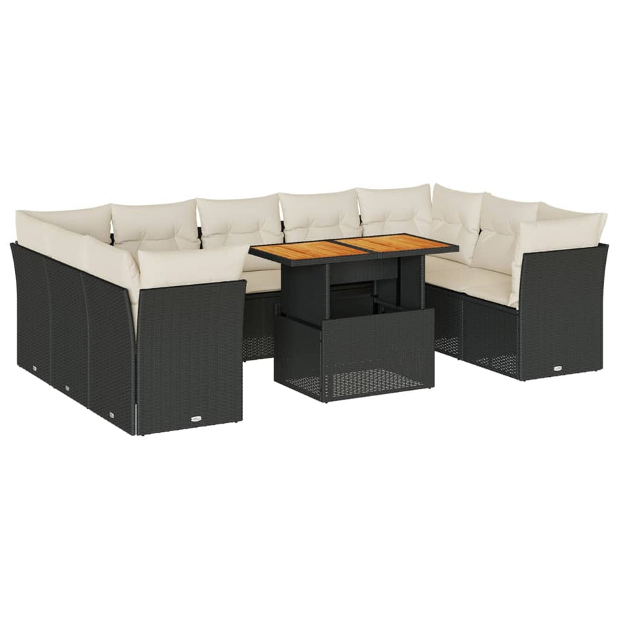 10-delige Loungeset met kussens poly rattan zwart