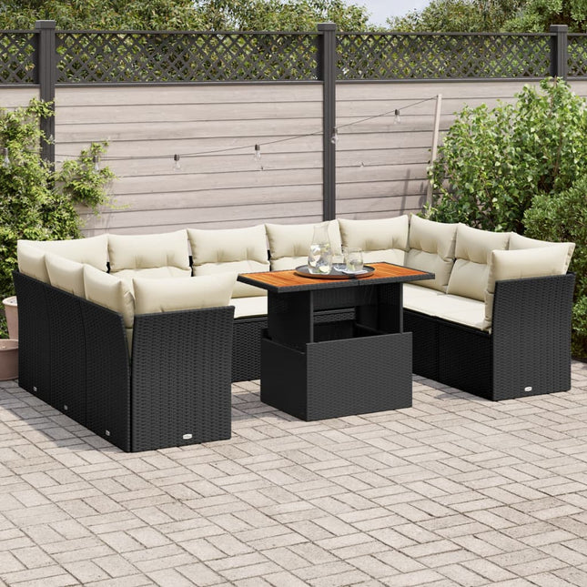 10-delige Loungeset met kussens poly rattan zwart