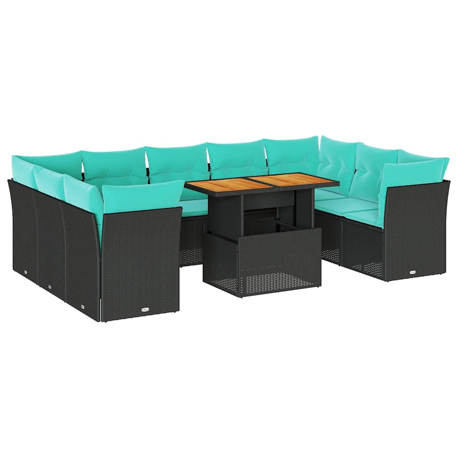 10-delige Loungeset met kussens poly rattan zwart