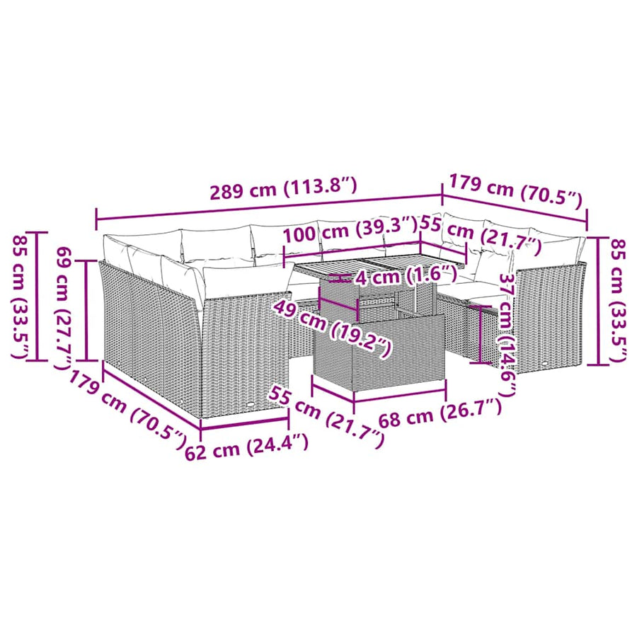 10-delige Loungeset met kussens poly rattan zwart