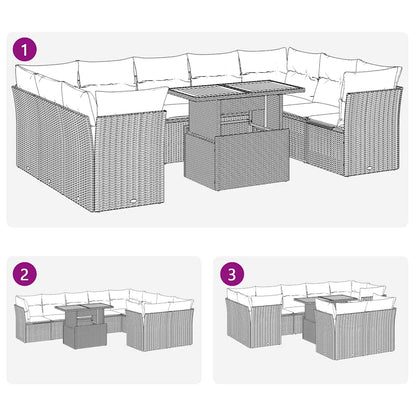 10-delige Loungeset met kussens poly rattan zwart