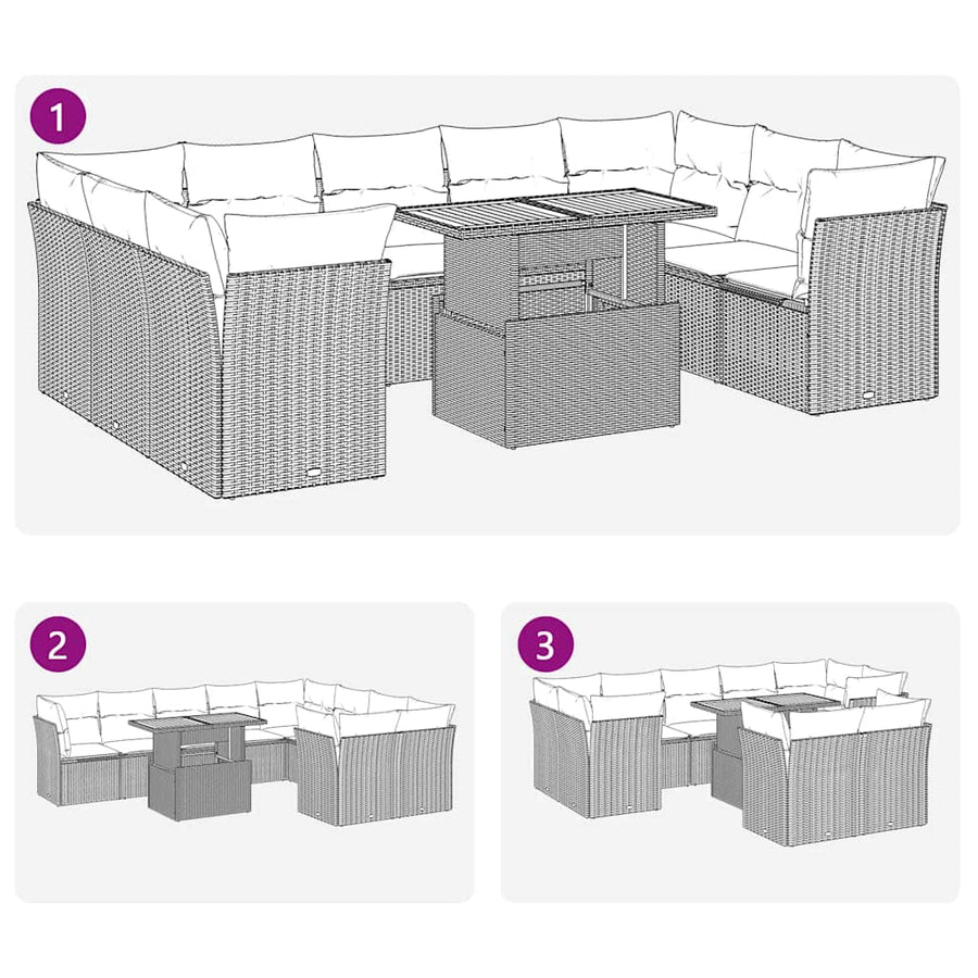 10-delige Loungeset met kussens poly rattan zwart