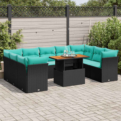 10-delige Loungeset met kussens poly rattan zwart