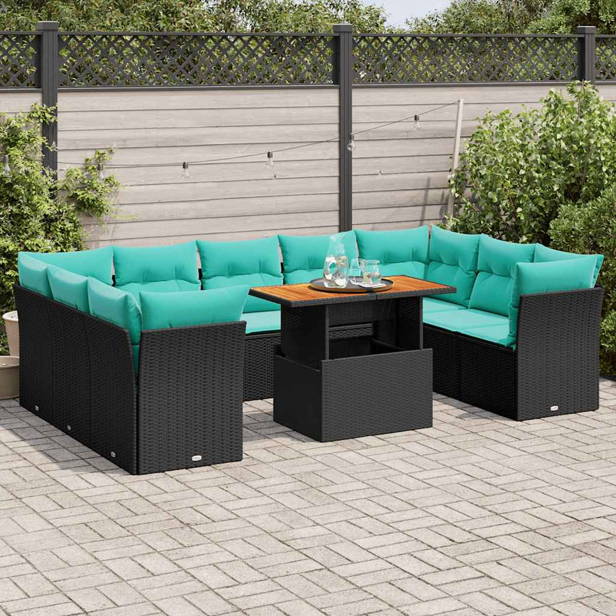 10-delige Loungeset met kussens poly rattan zwart