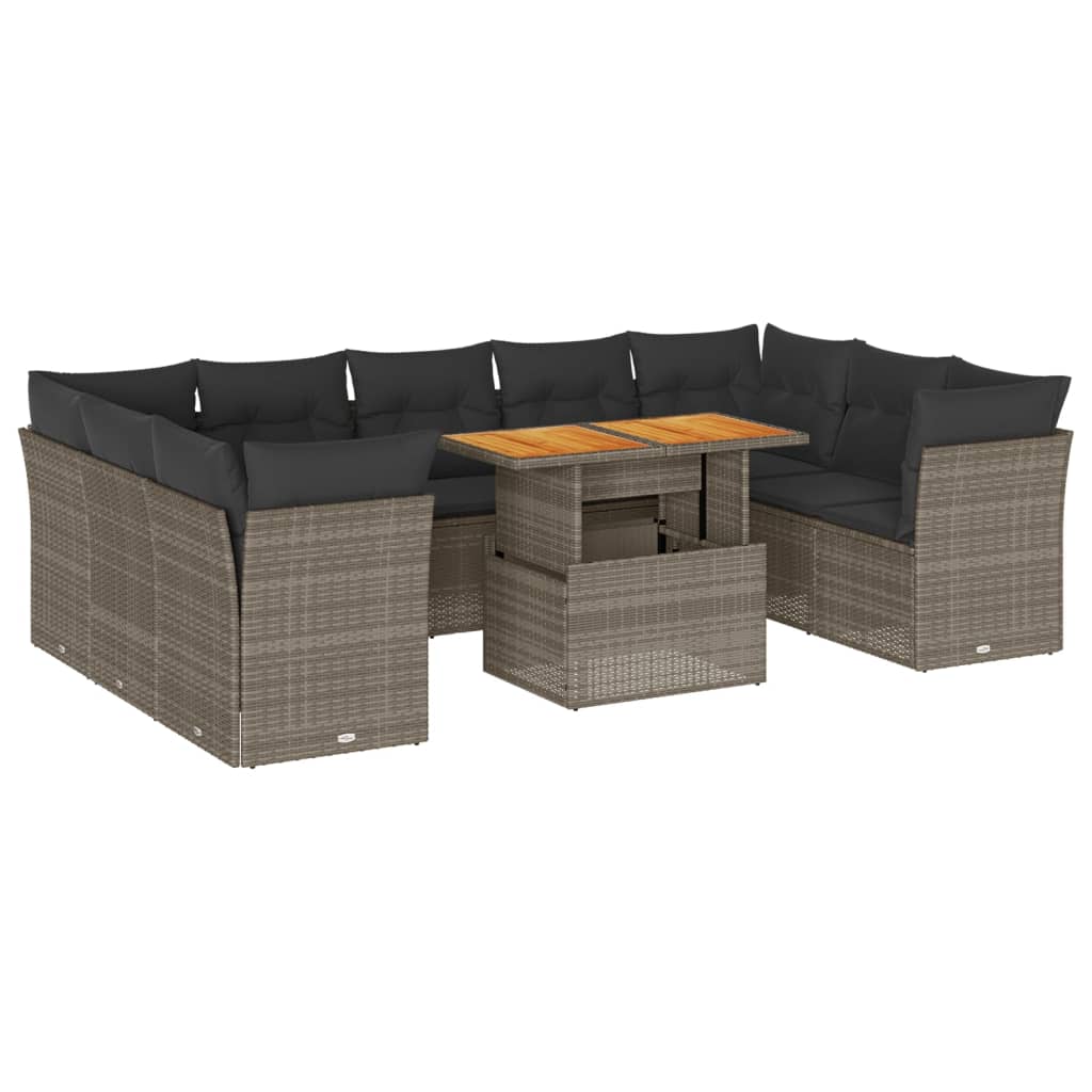 10-delige Loungeset met kussens poly rattan grijs