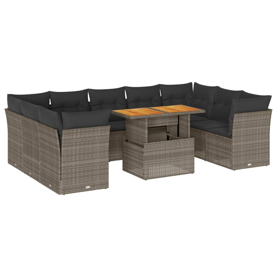 10-delige Loungeset met kussens poly rattan grijs