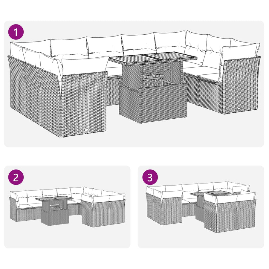 10-delige Loungeset met kussens poly rattan grijs