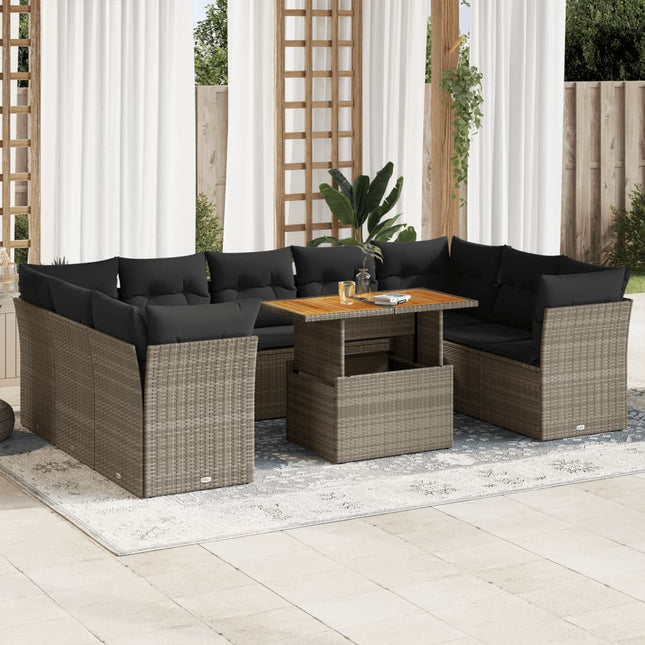 10-delige Loungeset met kussens poly rattan grijs