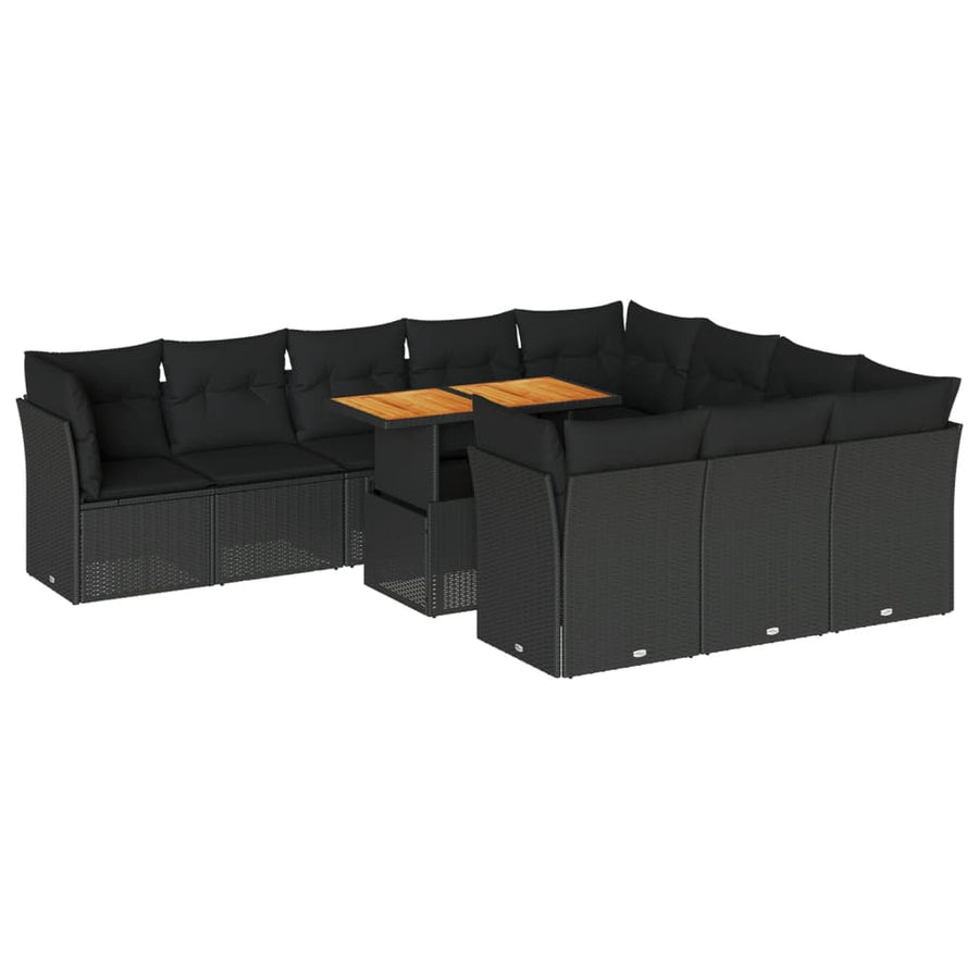 11-delige Loungeset met kussens poly rattan zwart