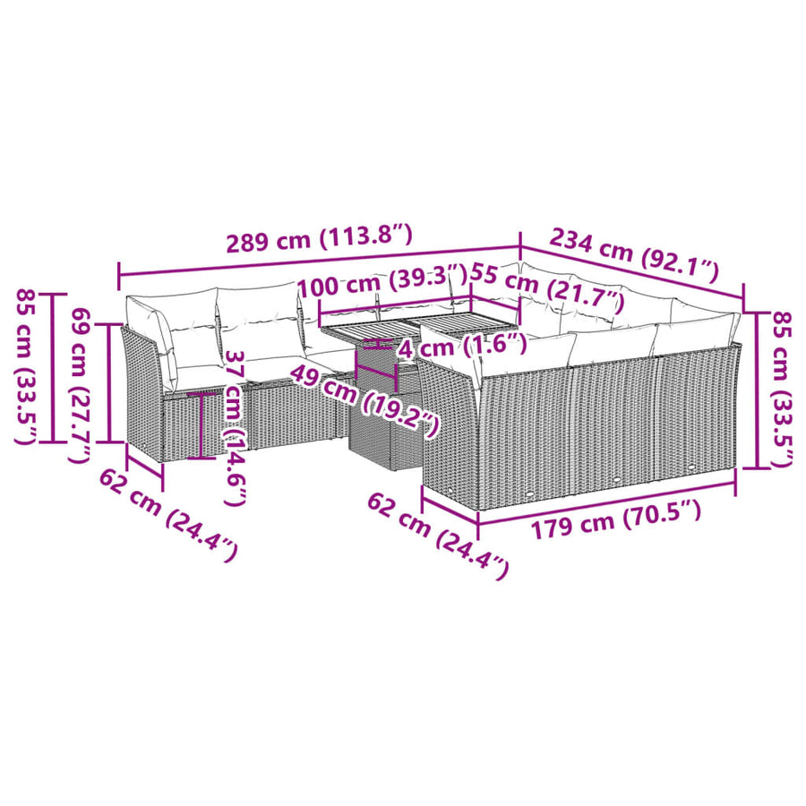 11-delige Loungeset met kussens poly rattan zwart