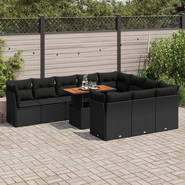 11-delige Loungeset met kussens poly rattan zwart