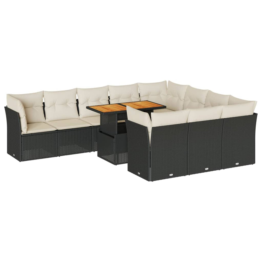 11-delige Loungeset met kussens poly rattan zwart