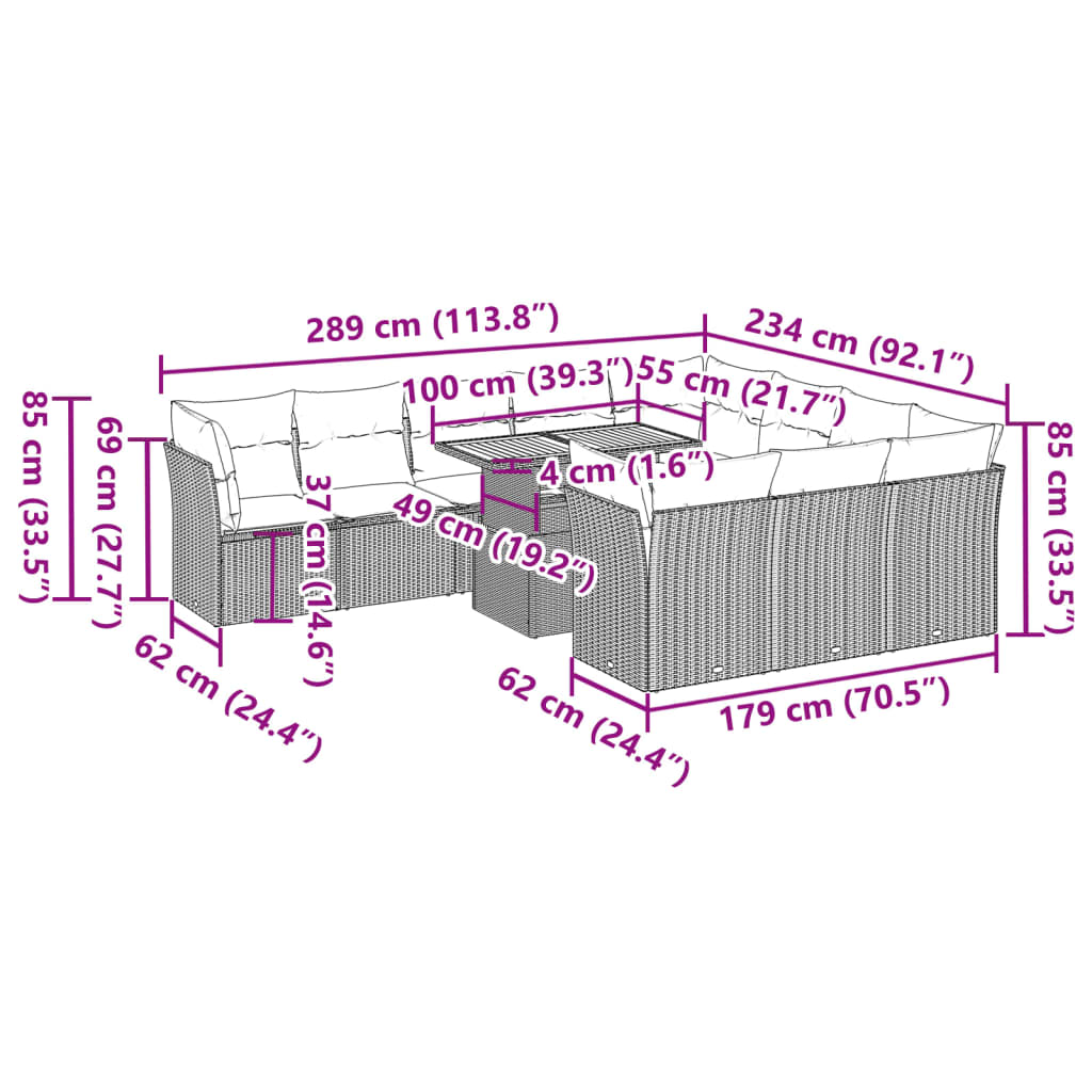 11-delige Loungeset met kussens poly rattan zwart