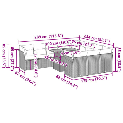 11-delige Loungeset met kussens poly rattan zwart