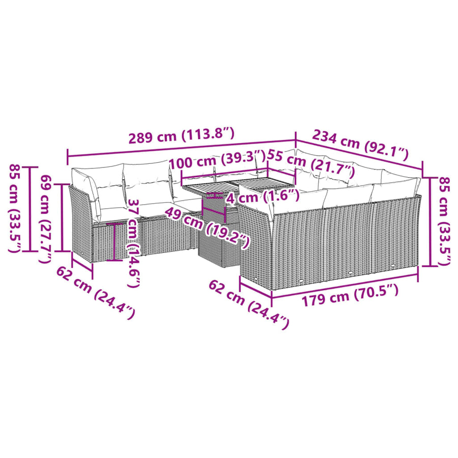 11-delige Loungeset met kussens poly rattan zwart
