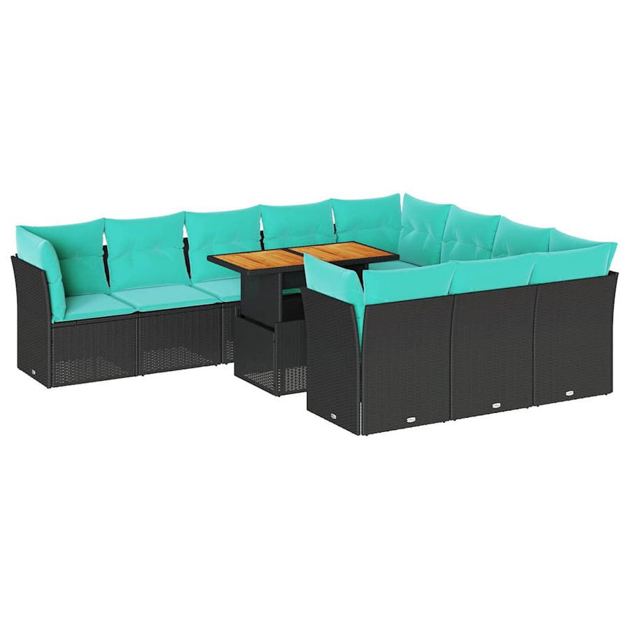 11-delige Loungeset met kussens poly rattan zwart