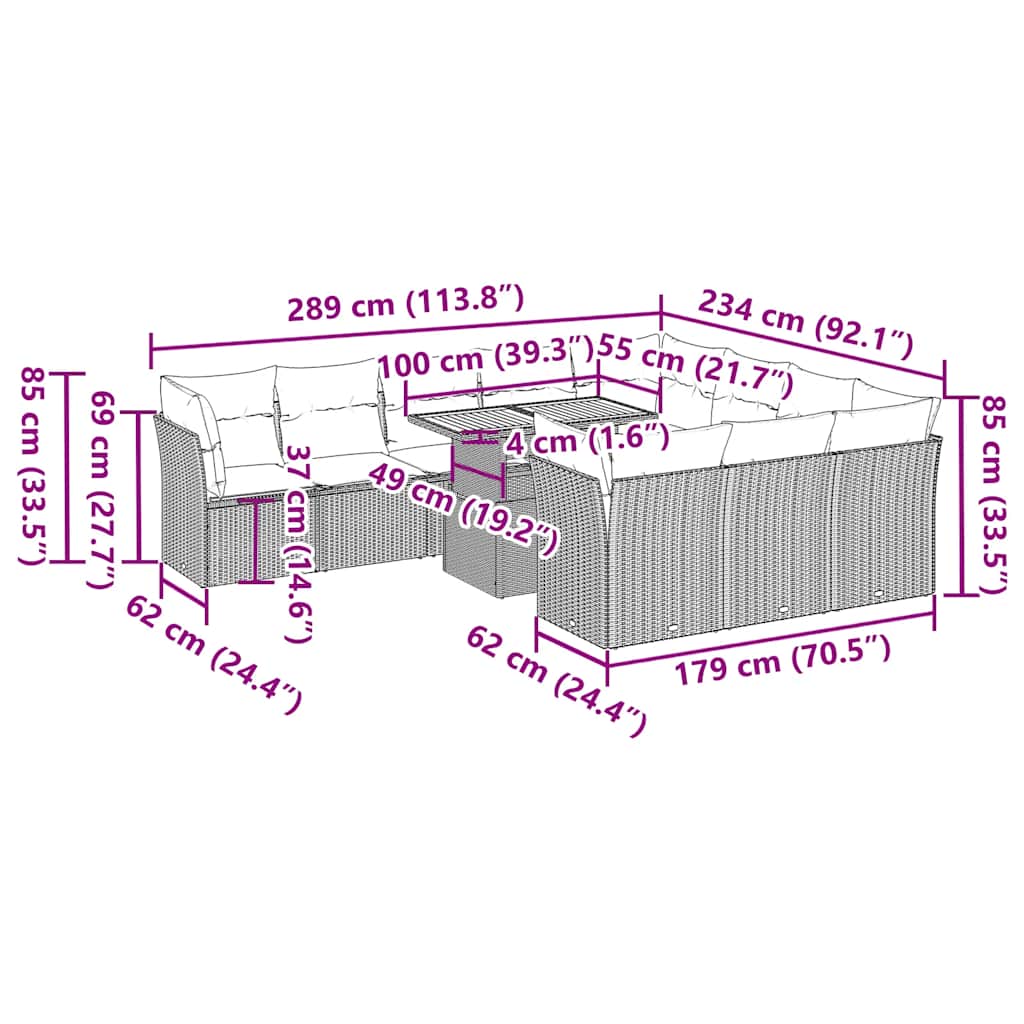 11-delige Loungeset met kussens poly rattan zwart