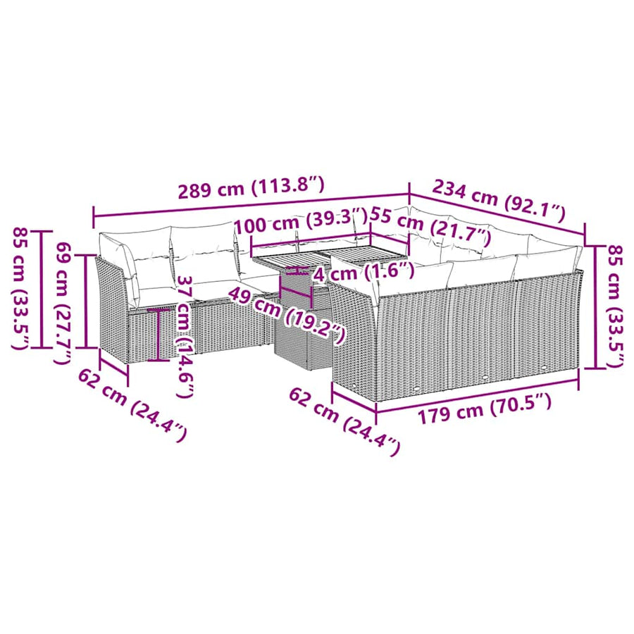 11-delige Loungeset met kussens poly rattan zwart