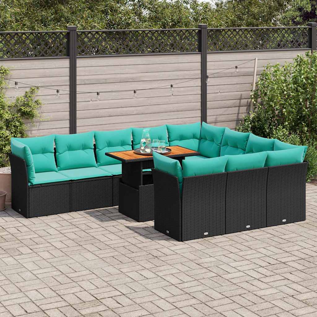 11-delige Loungeset met kussens poly rattan zwart