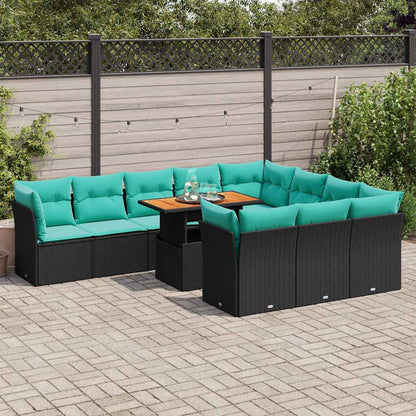 11-delige Loungeset met kussens poly rattan zwart