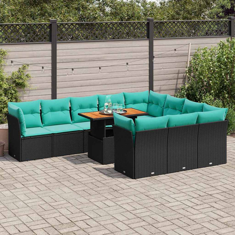 11-delige Loungeset met kussens poly rattan zwart