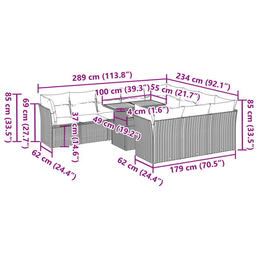 11-delige Loungeset met kussens poly rattan grijs