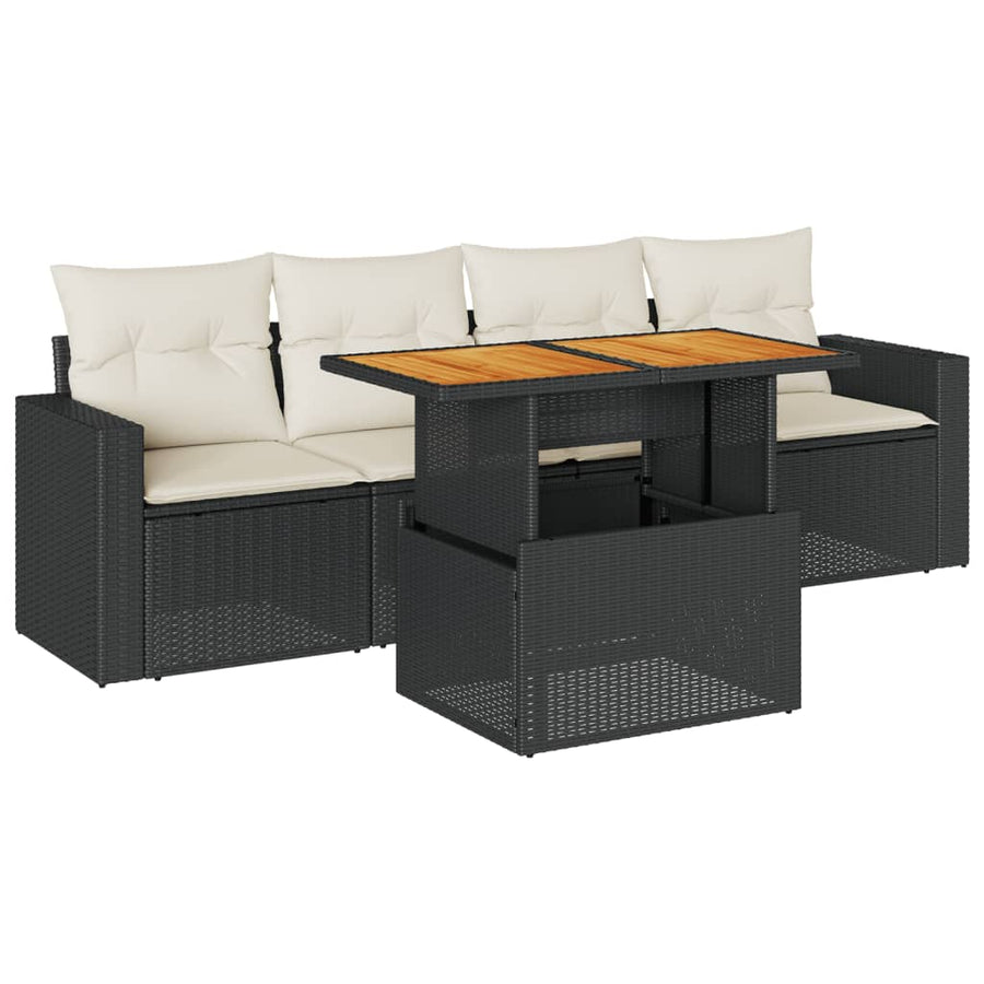 5-delige Loungeset met kussens poly rattan zwart