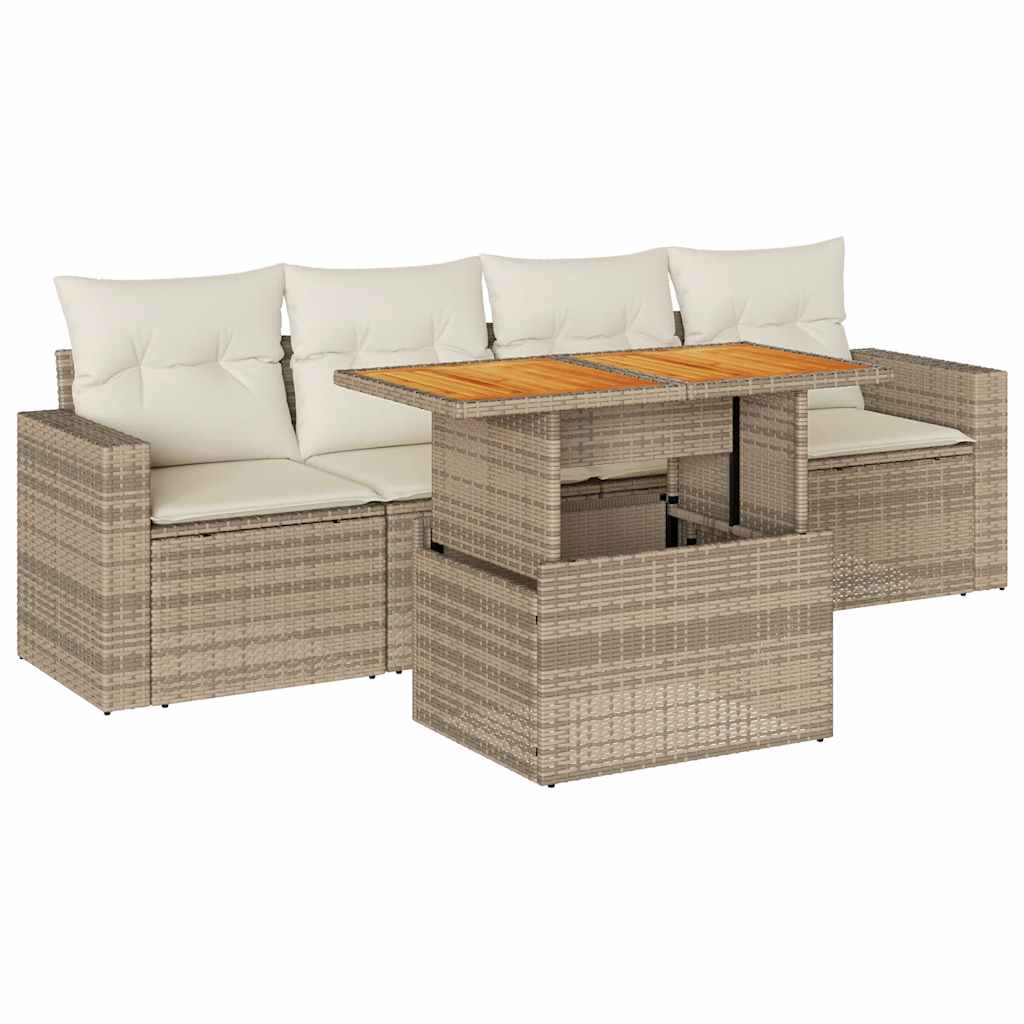 5-delige Loungeset met kussens poly rattan beige