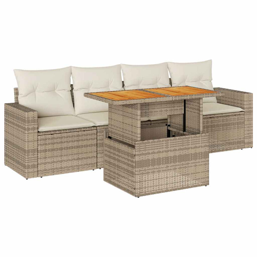 5-delige Loungeset met kussens poly rattan beige