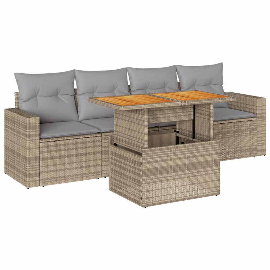 5-delige Loungeset met kussens poly rattan beige