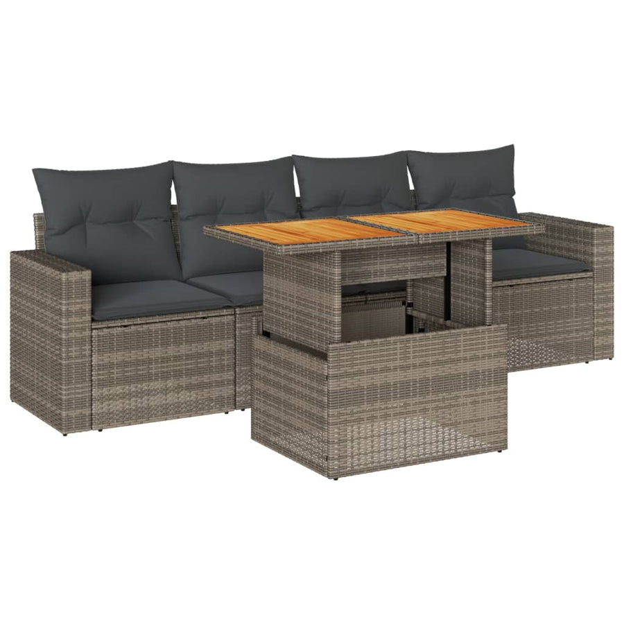 5-delige Loungeset met kussens poly rattan grijs