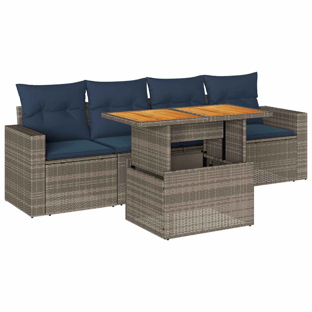 5-delige Loungeset met kussens poly rattan grijs