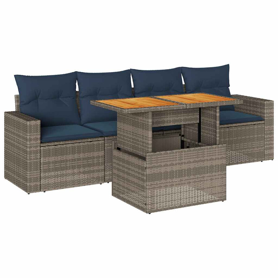 5-delige Loungeset met kussens poly rattan grijs