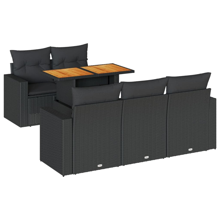 6-delige Loungeset met kussens poly rattan zwart