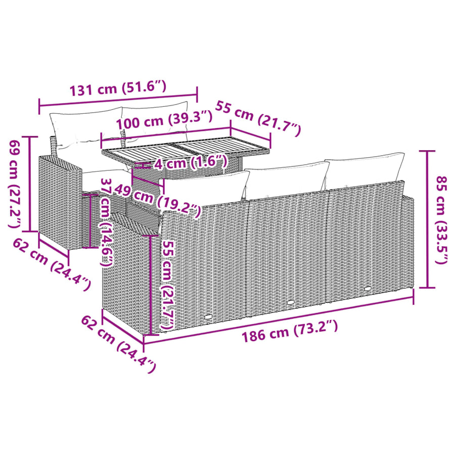 6-delige Loungeset met kussens poly rattan zwart