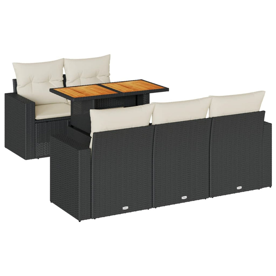 6-delige Loungeset met kussens poly rattan zwart